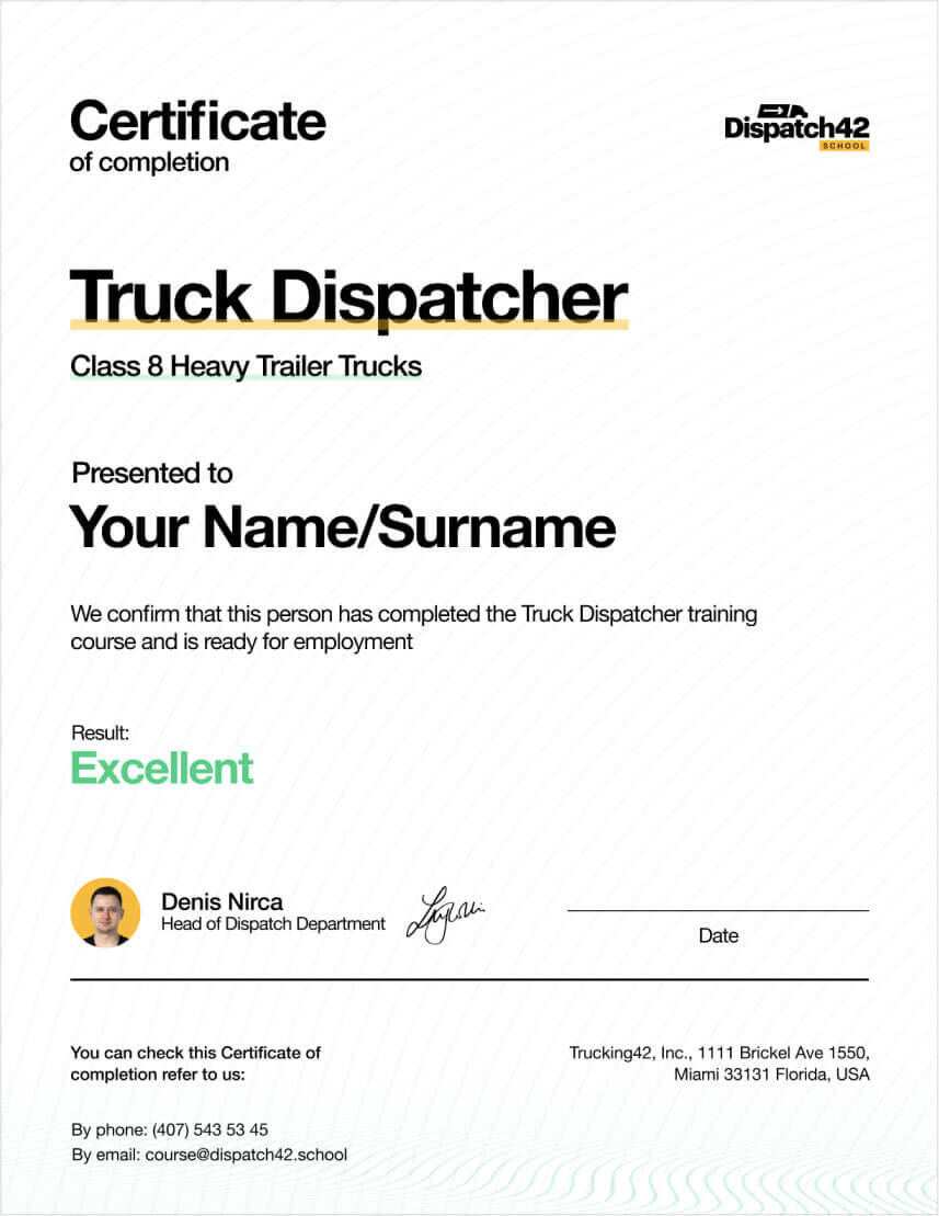 Truck dispatcher's certificate